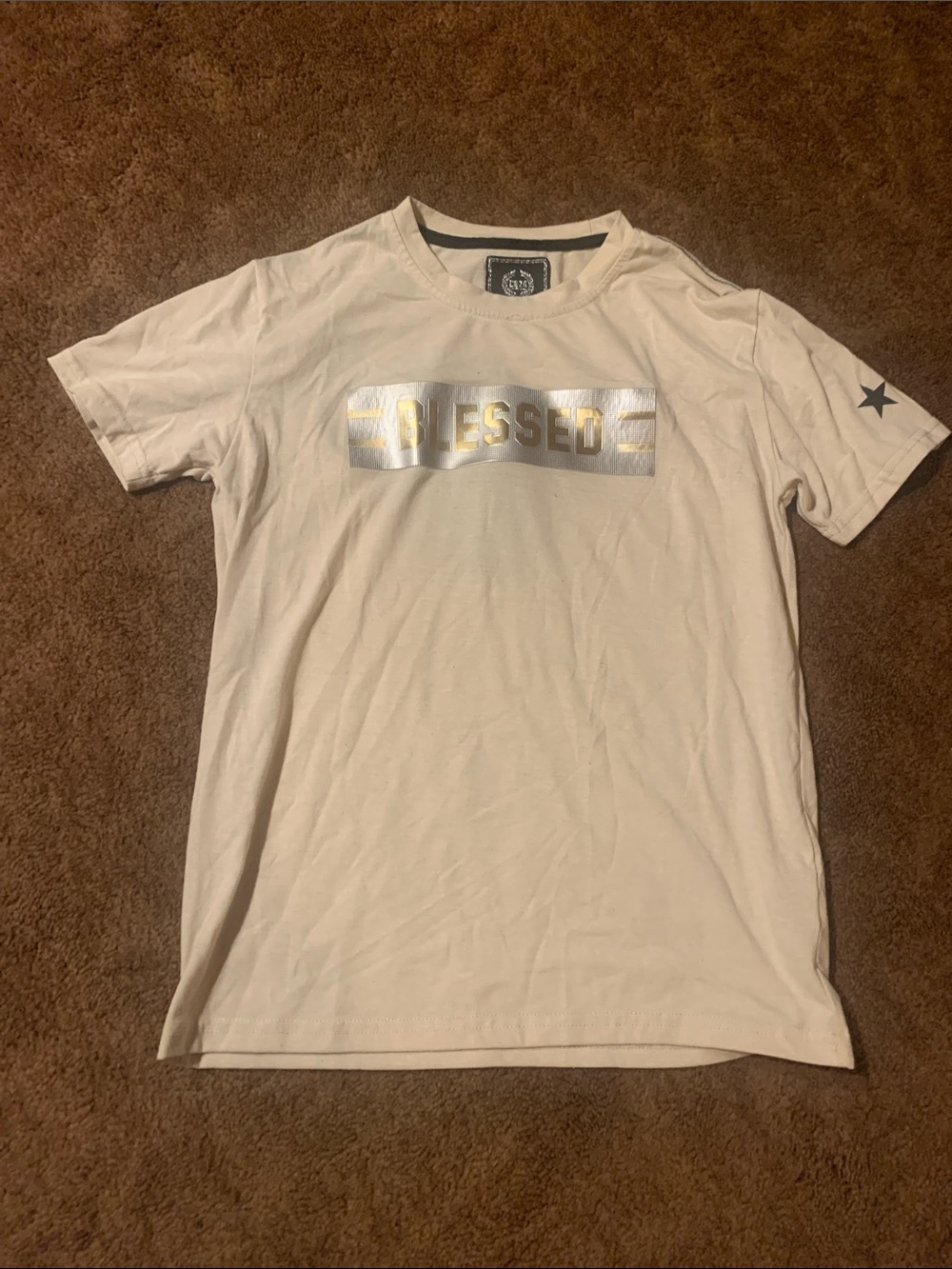 Kids' Cream Short Sleeve Tee with Metallic Gold 'BLESSED' Graphic